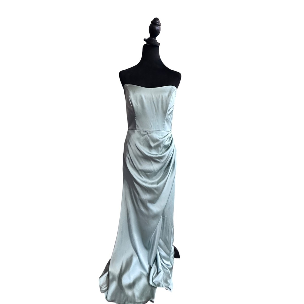 Birdy Grey Dress Women M Sage Green Strapless Satin Draped Formal Gown Sleek